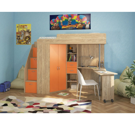 Кровать-чердак со столом и шкафом Милана-6, спальное место 200х80 см